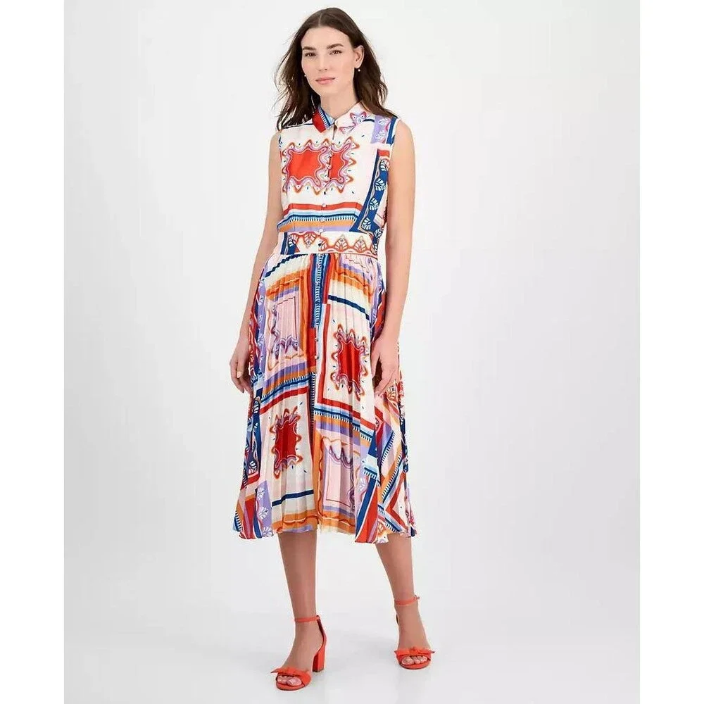 Tahari Women’s Printed Pleated Midi Shirtdress Como Tile Print 10 $138 NWT - Picture 1 of 10